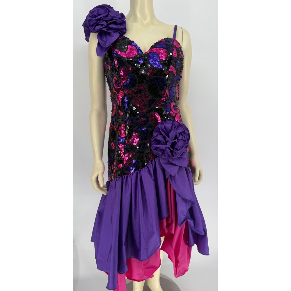 Vintage Alyce Designs Sequin High Low Formal Dress Purple Pink One Shoulder 80s